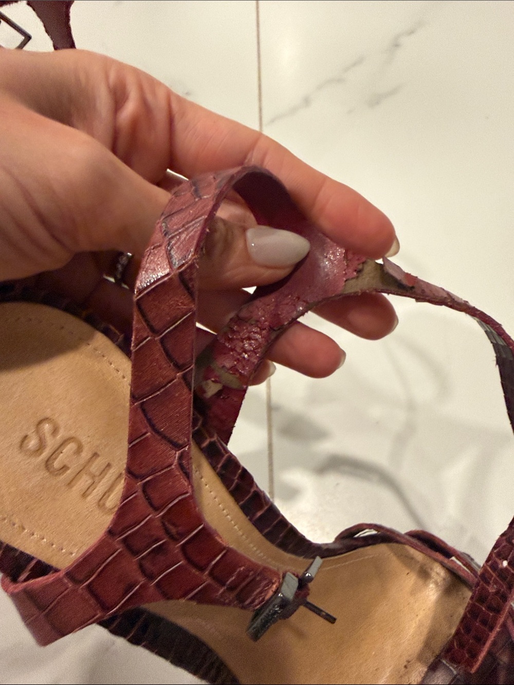 SCHUTZ Burgundy Croc-Embossed Platform Slingback Heels - Picture 4 of 5